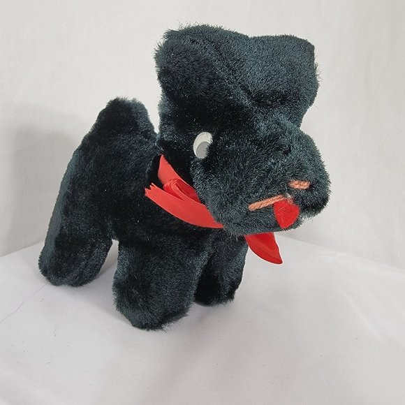 Vintage Black Dog Plush No Tags 8" Stuffed Animal Toy Red Bow Googly Eyes - Picture 2 of 7